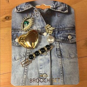 ENCHANTE Gold & Black Women's Brooch Set - Heart, Pearl & Jewel Accents